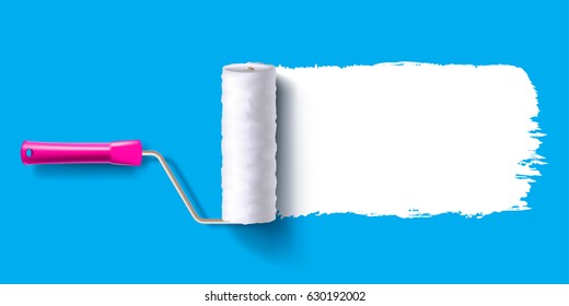 white color trail of the roller brush on blue background 