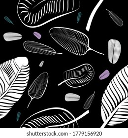 White and color tropical banana palm abstract leaves. Seamless vector pattern background on black fond.