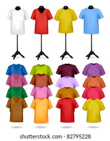 White and color t-shirts on mannequins. Vector illustration.