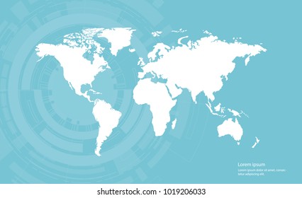 white color vector world map on blue with circle technology  background.