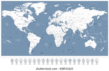 White Color World Map And 3D Navigation Icons.All Elements Are Separated In Editable Layers Clearly Labeled.