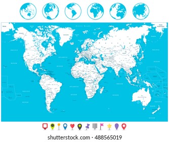 White color World Map and navigation icons. Highly detailed map illustration with countries, cities and navigation symbols.