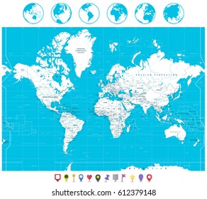 White color World Map and navigation icons. Highly detailed map illustration with countries, cities and navigation symbols.