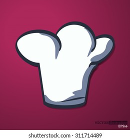 White colored chef hat on the purple background with pattern. Vector illustration.