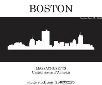 White colored city skyline of city of Boston with black and white background with inscription of the name of the city, date of establishment and US state