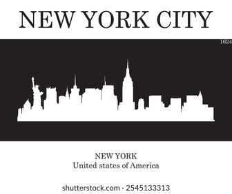 White colored city skyline of city of New York City with black and white background with inscription of the name of the city, date of establishment and US state