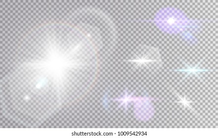 White and colored cosmic lights set. Various stars with halo and hexagonal lens flares.