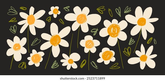 White colored crayon drawn chamomile and daisies collection. Hand drawn botanical doodles. Flower silhouettes with rough pencil strokes. Vector graphic retro illustration. Funky naive flowers.