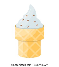 
White colored dessert on a waffle cone with sprinkles depicting vanilla ice cream cone 

