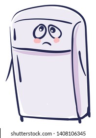 A White Colored Double Door Fridge With Two Eyes And A Frown, Vector, Color Drawing Or Illustration. 