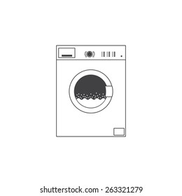 White colored grey contoured front loading type washing machine with many buttons and water with foam inside it