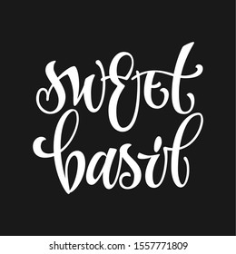 White colored hand drawn spice label - Sweet basil. Isolated calligraphy script style word. Vector lettering design element. Labels, stikers, packages design element. 