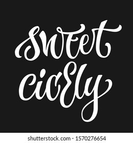 White colored hand drawn spice label - Sweet cicely. Isolated calligraphy script style word. Vector lettering design element. 