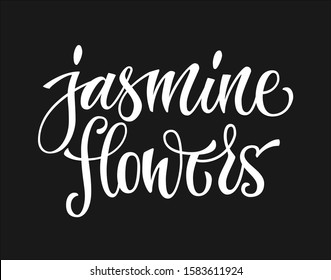 White colored hand drawn spice label - jasmine flowers. Isolated calligraphy scrypt stile word. Vector lettering design element.