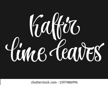 White colored hand drawn spice label - Kaffir lime leaves. Isolated calligraphy scrypt stile word. Vector lettering design element.