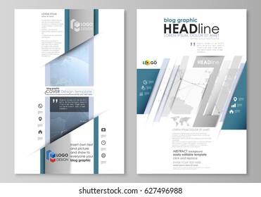 The white colored minimalistic vector illustration of the editable layout of two modern blog graphic pages mockup design templates. World globe on blue. Global network connections, lines and dots.