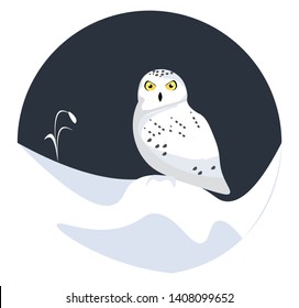 A white colored owl with yellow eyes and a black beak, vector, color drawing or illustration. 