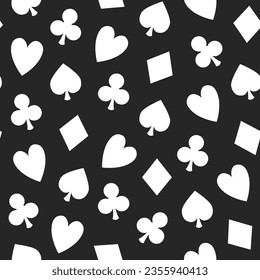 White colored poker suit pattern on black background, vector seamless casino background with card suits, clubs, hearts, spades and diamonds