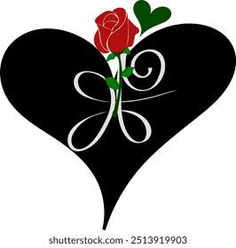 White colored Sanskrit symbol for Unconditional Love inside a black heart with a red rose and a green heart on top