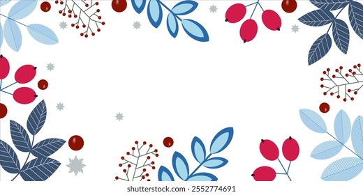 White colored snow and snowflakes at the bottom of blue Snowflake Border Winter holidays background with pine branches and snowflakes. Winter card Abstract simply winter background with natural art