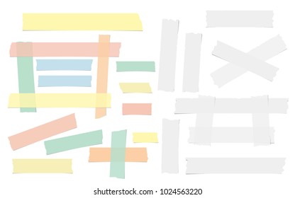 White and colorful adhesive, sticky, masking, duct tape, paper pieces for text are isolated on white background.