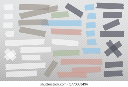 White and colorful different size adhesive, sticky, masking, duct tape, paper pieces are on dark squared background