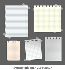 White and colorful flat notebook paper, cut strips of paper for notes, pasted on a gray background. Transparent white stickers. Set of pages and laptop controls. Vector illustration