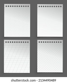 Papel blanco y colorido de un cuaderno plano pegado sobre fondo gris. Páginas para bloc de notas en celda, línea, barra diagonal, rhombus Set de páginas y controles de laptop. Ilustración del vector