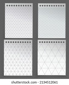 White and colorful flat notebook paper pasted on gray background. Notebook pages in triangles of different sizes. Set of pages and laptop controls. Vector illustration