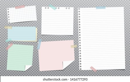 White, colorful and lined note, notebook paper stuck on grey squared background. Vector illustration