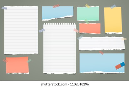 White and colorful lined torn note, notebook paper pieces for text stuck with sticky tape on green background. Vector illustration.