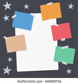 White and colorful note, notebook, copybook paper sheets, stuck with sticky tape, stars on black background.