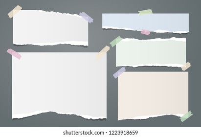 White and colorful note, notebook paper strips with torn edges stuck with sticky tape on dark background. Vector illustration.