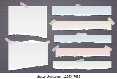 White and colorful note, notebook paper strips with torn edges stuck with sticky tape on dark lined background. Vector illustration.