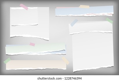 White and colorful note, notebook paper strips with torn edges stuck with sticky tape on grey background. Vector illustration.