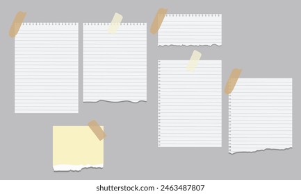 White and colorful note notebook paper with torn edges stuck on gray background Pink sheets of note papers