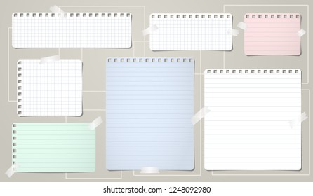 White and colorful notebook paper, lined note paper strips stuck on light background. Vector illustration