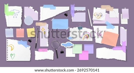 White and colorful notebook papers with memo stickers and adhesive tapes pieces for journaling, collage and scrapbook design. Blank and painted notepad sheets with pen and pencil, paperclips and pins