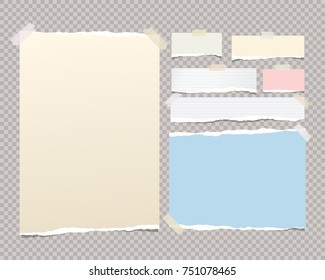 White, colorful pastel ripped notebook paper sheets, note for text or message stuck with sticky tape on squared background