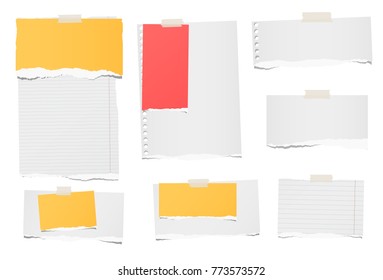 White, colorful ripped blank note, notebook paper strips, sheets for text or message stuck with sticky tape on white background