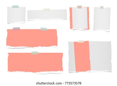 White, colorful ripped blank note, notebook paper strips for text or message stuck with sticky tape on white background