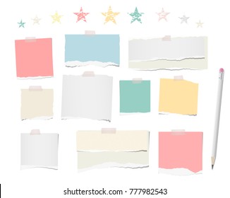 White, colorful ripped blank note, notebook paper strips, sheets for text or message stuck with sticky tape on white background with pencil and stars on top