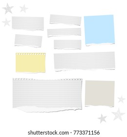 White, colorful ripped lined and blank note, notebook paper strips, sheets for text or message with stars