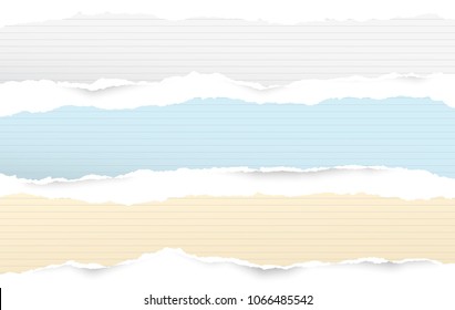 White and colorful ripped lined horizontal note paper strips for text or message stuck on white background