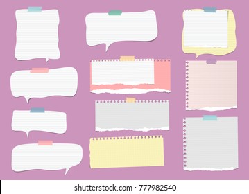 White, colorful ripped lined note, notebook paper strips, speech bubble for text or message stuck with sticky tape on violet background.