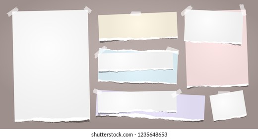 White and colorful ripped notebook paper, torn note paper strips stuck on brown background. Vector illustration