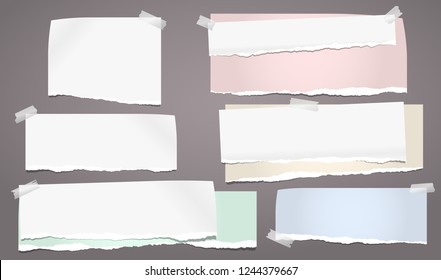 White and colorful ripped notebook paper, torn lined note paper strips stuck on brown background. Vector illustration