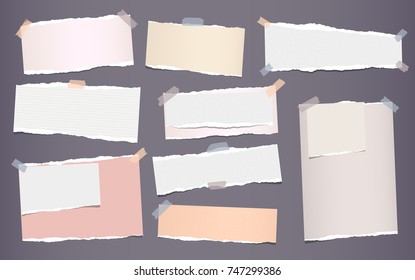 White And Colorful Ripped Strips, Notebook, Note Paper For Text Or Message Stuck With Sticky Tape On Gray Background.