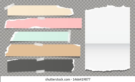 White colorful ripped, torn note, notebook paper strips, stuck with sticky tape on dark grey background. Vector illustration