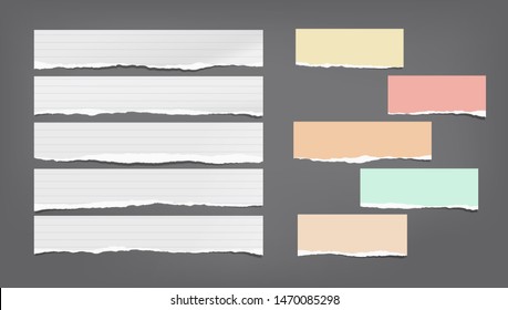 White and colorful ripped, torn note, notebook paper strips, stuck on black background. Vector illustration